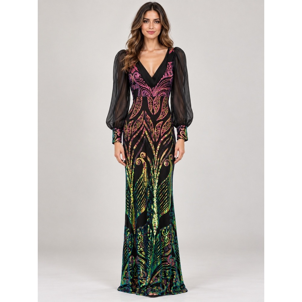 Miss Ord Sequin Gown Womens Small Art Deco Glam Rainbow Sheer Sleeve Maxi Dress